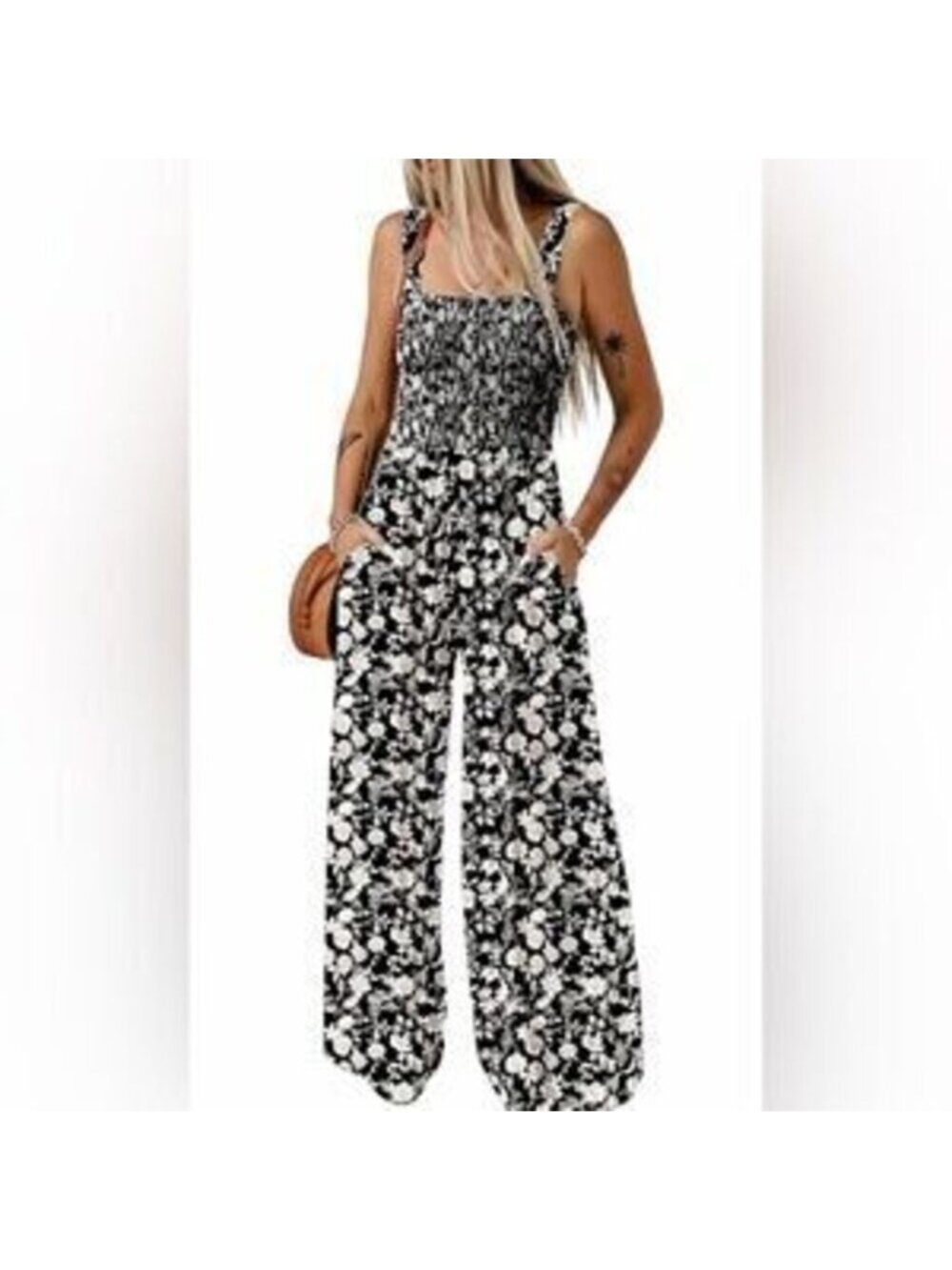 Overalls One Piece Sleeveless Printed Wide Leg Rompers With Pockets